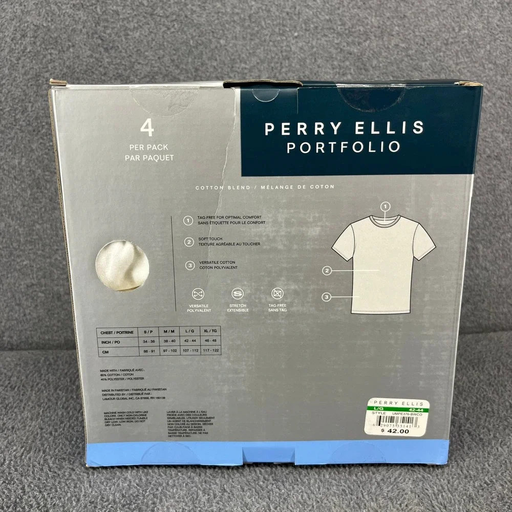 Perry Ellis Portfolio Undershirt Mens L White 4pk Crew Neck Cotton Blend UMPE376